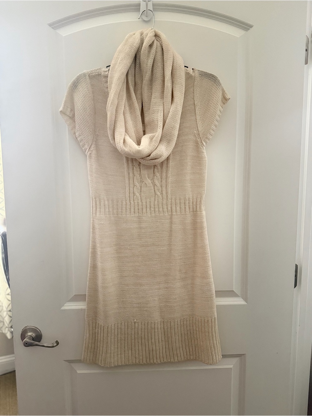 Cream Knit Sweater Dress with Infinity Scarf